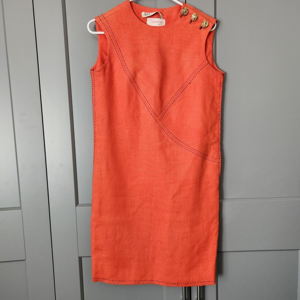 VTG 60s I. Magnin Orange Linen Mod Shift Dress Sophisticates Junior ILGWU Union